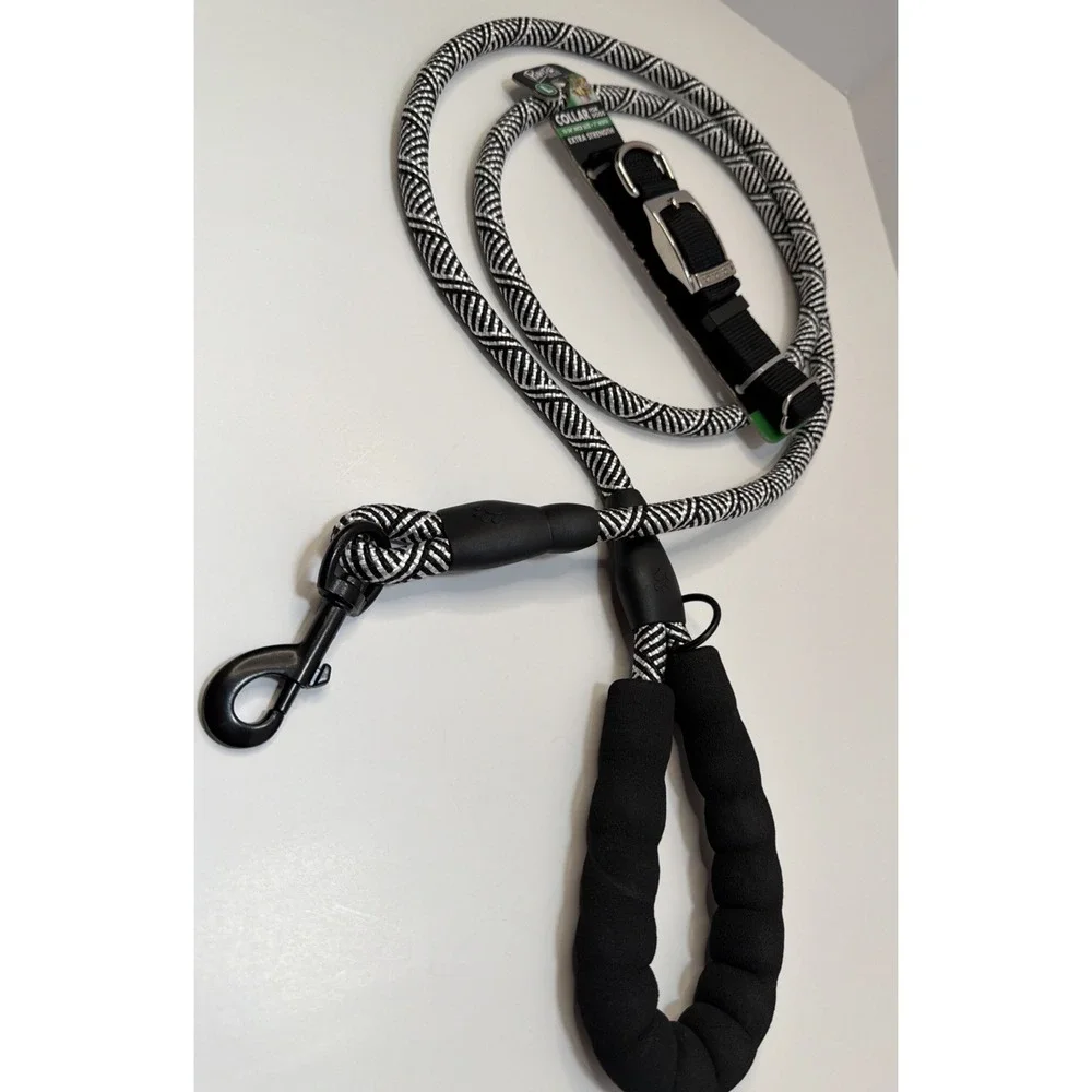 6ft. Durable Nylon Reflective Rope Dog Leash With Large Dog Collar By Paws Set